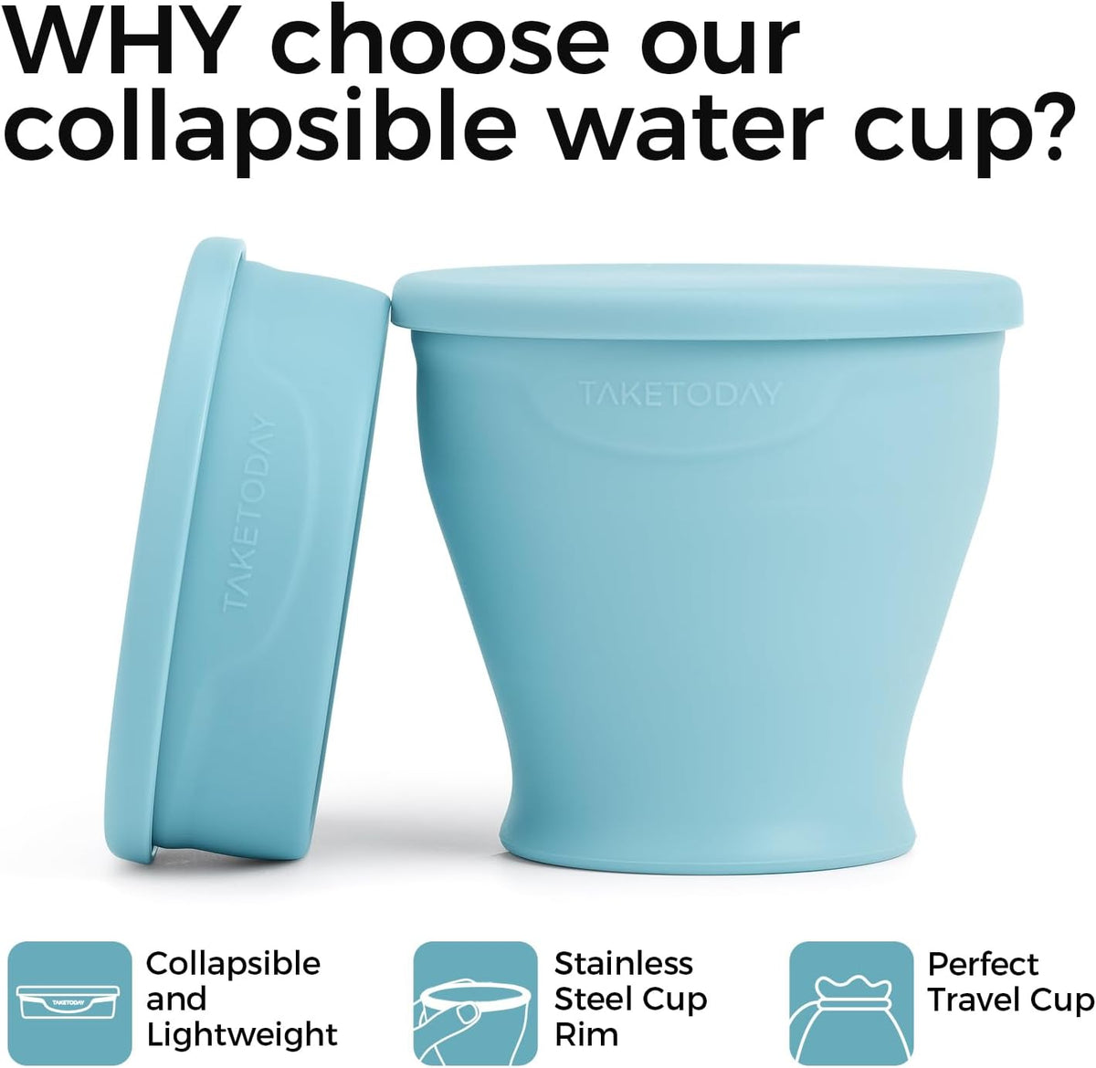 TakeToday Collapsible Travel Cup - 8 oz Silicone Foldable Water Cup with Lid & Waterproof Bag | Blue