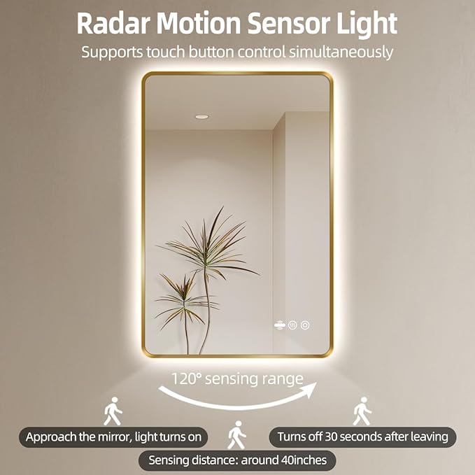 40 x 32 Gold LED Bathroom Mirror, Metal Framed Rounded Corner Rectangle Backlit Mirror Bathroom, Anti-Fog, 3-Color Stepless Dimmable Lighted Mirror, Motion Sensor Lights, Memory Function