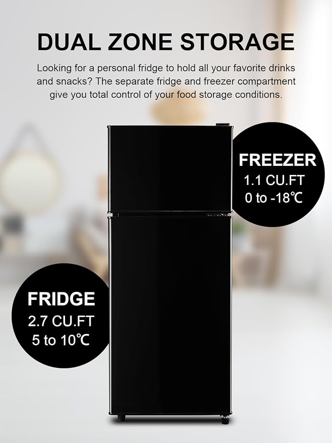 Refrigerator with Freezer 3.8 Cu.Ft Top-Freezer Compact Refrigerator Black | 7 Level Adjustable Thermostat Control, 2 Door, Lock Fresh, Energy Saving