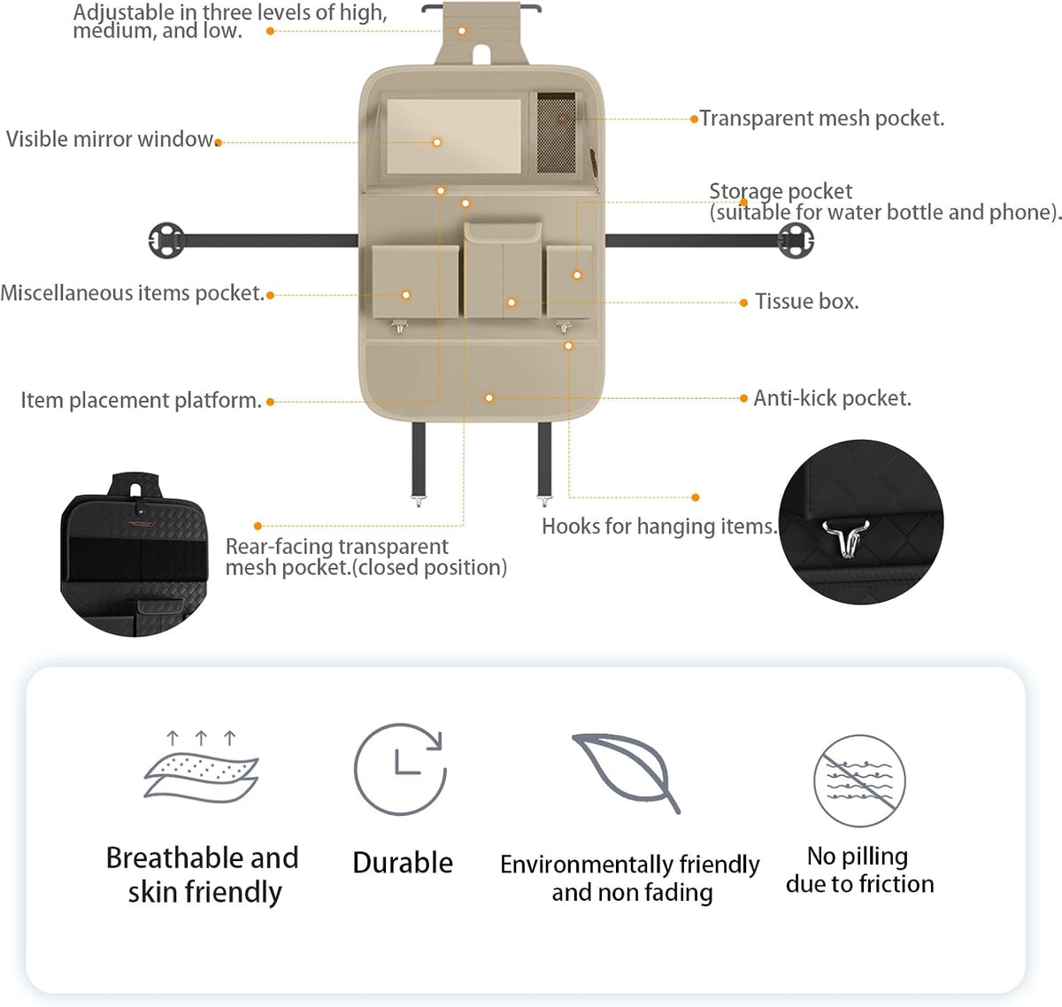 GMQ Back Seat Car Organizer 1 Pack,Backseat Organizer with Tray,Multifunctional Car Seat Back Storage Box with Foldable Tablet Holder (Beige, Plain weave)