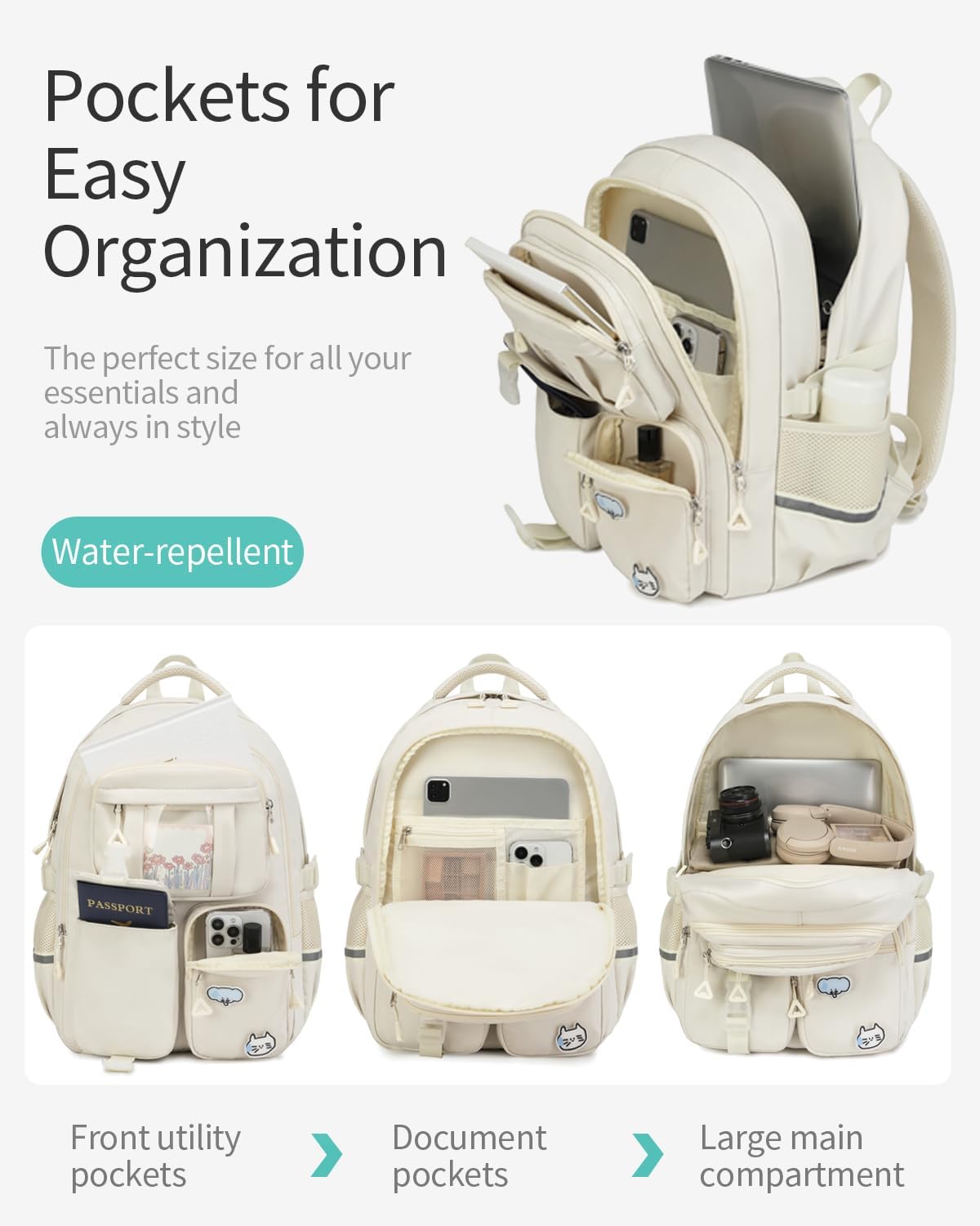 Skiennix School Backpack - Cute 15.6in Laptop Bag for Teen Girls | Aesthetic Beige Bookbag