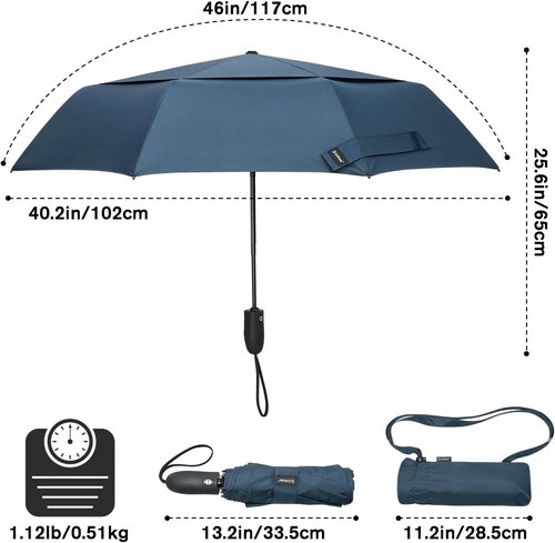 G4Free Windproof Travel Umbrella - 46-Inch Double Canopy, Automatic, Compact Design with Strong Fiberglass Frame