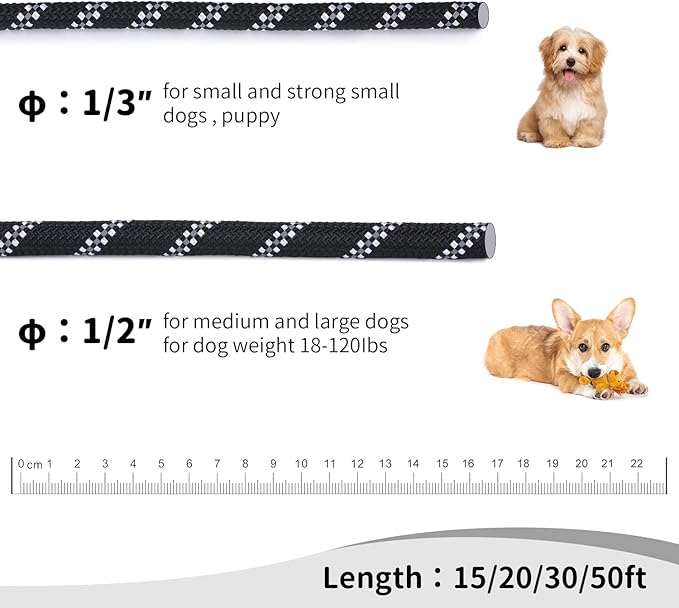 Long Dog Leash for Training 50Ft-Reflective Nylon Rope with Swivel Hook-Recall Agility Lead for Large Small Medium Dogs Outside Walking Hiking-Black Diam 1/2"