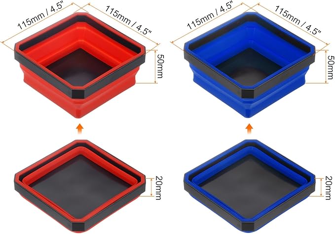 HARFINGTON 2Pcs Collapsible Magnetic Parts Tray Foldable Tool Trays Square Small Metal Parts Organiser for Fixing Screw Bolts Nuts Washers Pins, Red, Blue