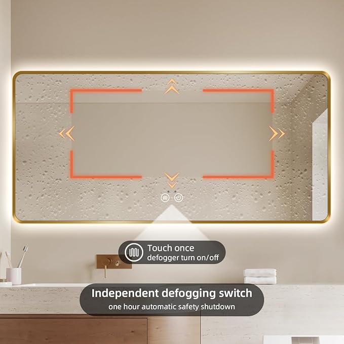 Gold LED Bathroom Mirror, 36"x36" Smart Mirror with Infrared Motion Sensor Lights, Anti Fog, Stepless Dimmable & Color Temperature Adjustment, Wall Mounted Vanity Mirror Backlit, CRI≥93