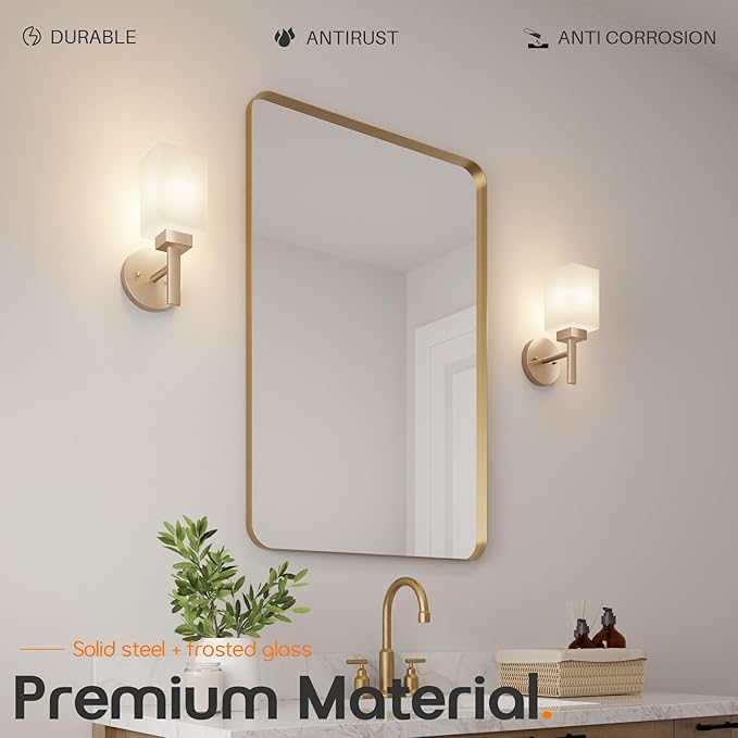Bathroom Vanity Light Fixture with White Frosted Glass, Champagne Bronze Wall Lamp Over Mirror for Bedroom, Living Room, Washroom Porch T002CPG-L1