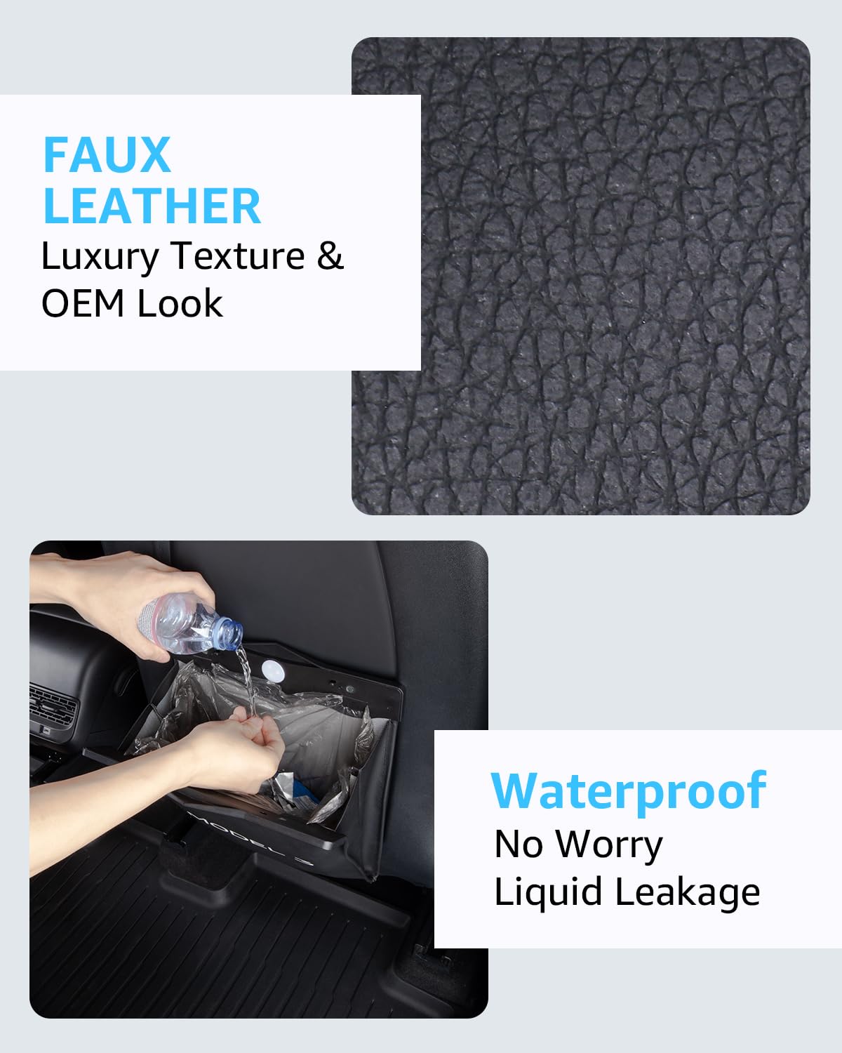 Motrobe Trash Can for Tesla Model 3 2017-2023 Garbage Bag [Strong Magnetic Buckle] with LED Light 1PCS Backseat Hanging Garbage Bin Waterproof Faux Leather Model 3 Interior Accessories 2.5 Gallons