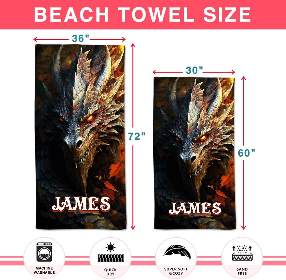 Personalized Dragon Beach Towel - Custom Black Dragon Design | Large Bath Towels for All Ages