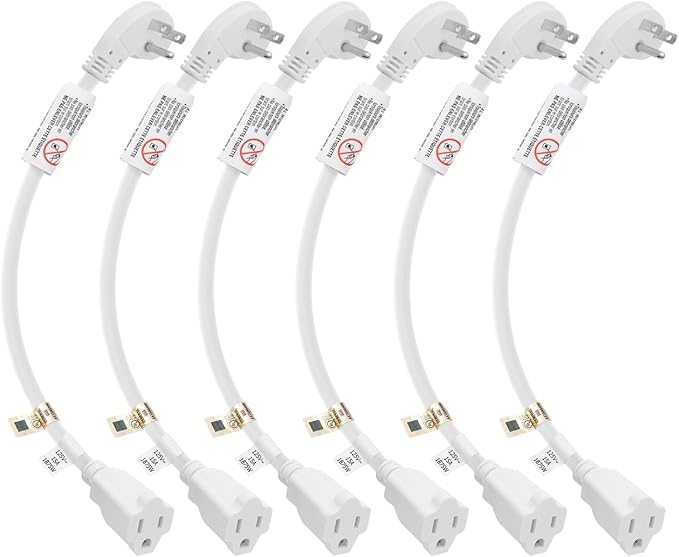 FIRMERST 1875W 1Ft Flat Plug 3 Prong Extension Cord 14 AWG 15A White, 6 Packs