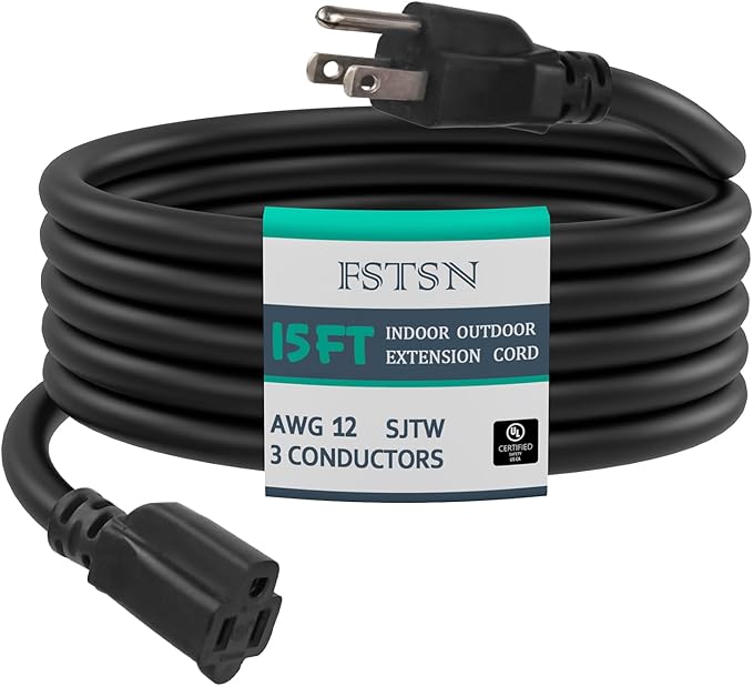 15 FT Outdoor Heavy Duty Extension Cord - 12/3 SJTW 15 AMP Indoor Power Cord with 3 Prong Grounded Plug for Lawn Mower, Appliances, Workshop, Lights Water Resistant Flexible Cable 12 Gauge