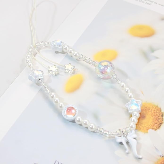 CMVFYL Beaded Camera Wrist Strap, Cute Phone Charms Strap, Pearl Bracelet Wrist