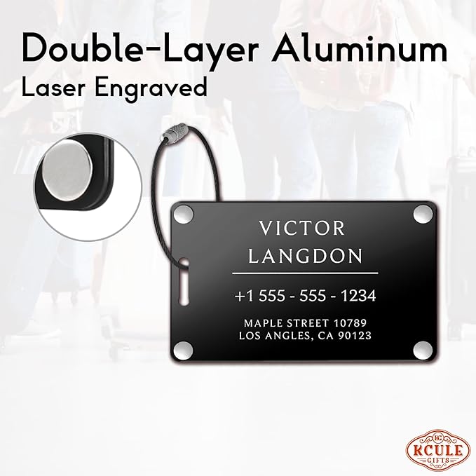 Personalized Luggage Tags for Suitcases - Aluminum Custom Luggage Tags for Backpacks & Bags, Sturdy, Waterproof & Heavy Duty (Black/Card-Sized)
