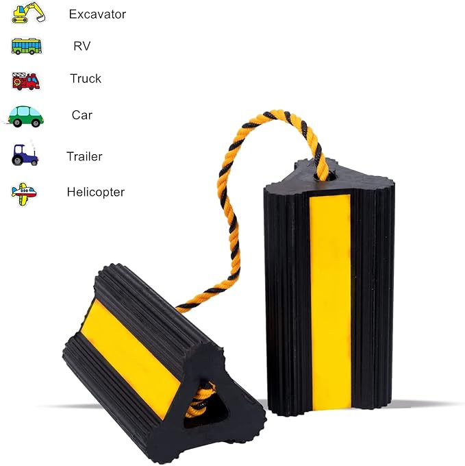 Wheel Chocks Rubber Heavy Duty Trailer Wheel Chocks with Yellow Reflective Visibility Tape and Yellow Nylon Rope 8.27" x 4.53" x 3.94" (Comes with Spare Yellow Reflective Strip)