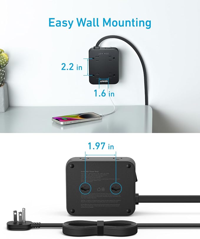 Anker Power Strip with 2000J Surge Protector, Flat Plug Extension Cord with Multiple Outlets, 8 AC, 2 USB A & 1 USB C Port for 20W, 10ft Outlet Extender, Dorm Room Essentials, Home Office, TUV Listed