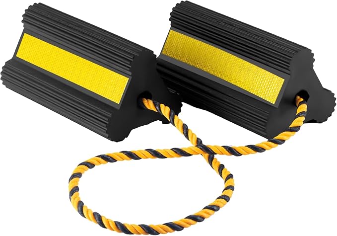 Heavy Duty Wheel Chocks - Wheel Stoppers for Trailer Travel Trailers RV Aircraft Car Camper Truck, Non Slip Rubber Wheel Block with Nylon Rope Yellow Reflective Tape（1 Pair）