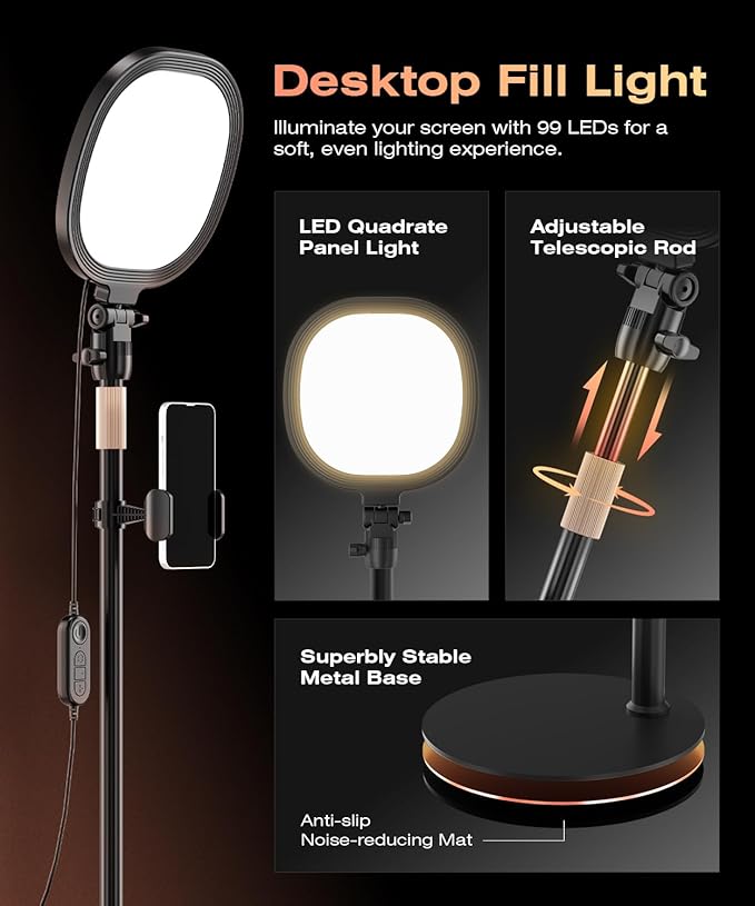 PQRQP Ring Light for Desk, Soft Lighting for Zoom & Video Calls, Selfie Light