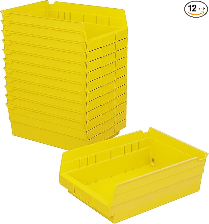 Akro-Mils 30150 Plastic Shelf Bins, Heavy Duty Storage Bins for Garage, Closet, and Drawer Organization, 12" x 8" x 4", Yellow, 12-Pack
