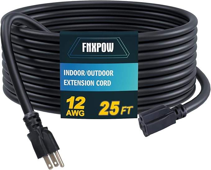 Indoor Outdoor Extension Cord, 12 Gauge 3 Prong Weatherproof Heavy Duty Black Extension Cords, 12/3 SJTW 15A 25 FT Extension Cable for Garage, Garden and Home, UL Listed
