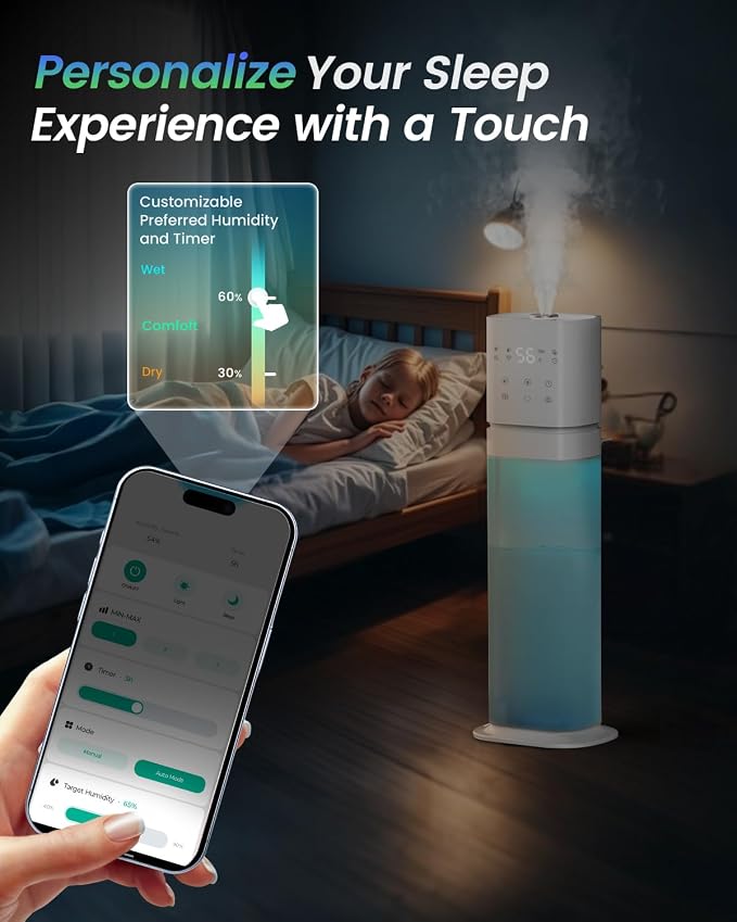 Smart Humidifier Large Room, 2.1Gal/8L Humidifiers for Bedroom with Extended Tube&Night Light, Whole House Cool Mist Humidifiers, WIFI App&Voice Control, School/Office/Warehouse, White