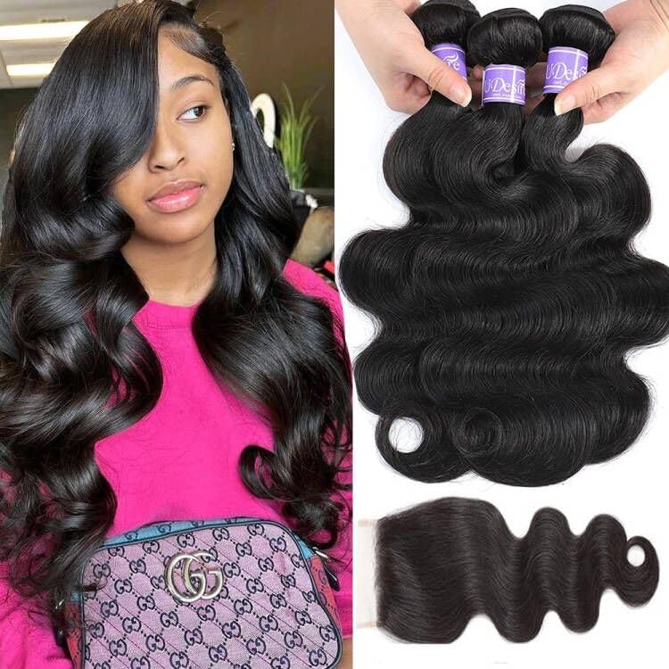 Udesire Hair 100% Unprocessed Brazilian Virgin Body Wave Hair 3 Bundles With Closure(16 18 20+14 Free Part) 12A Brazilian Body W