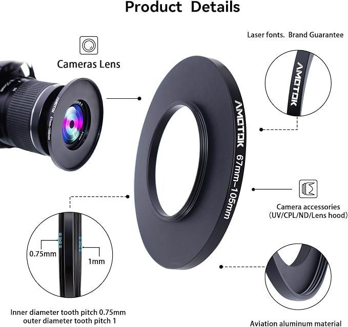 67mm Lens to 105mm Camera Lens Adapter, 67mm-105mm Filter Step up Rings