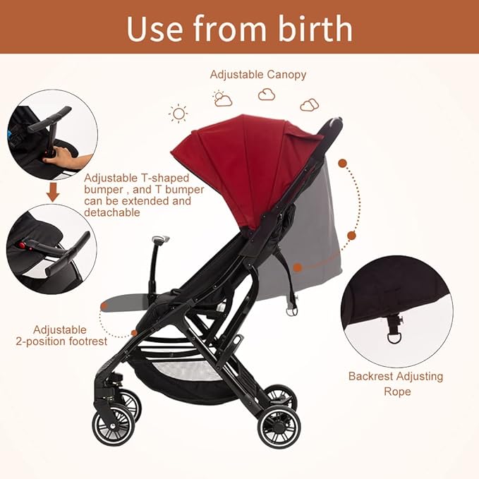 COOL KIDS Portable Stroller with Automatic Fold，Lightweight Umbrella Stroller with Pop Out Sun Canopy，Compact Stroller for Travel(red)