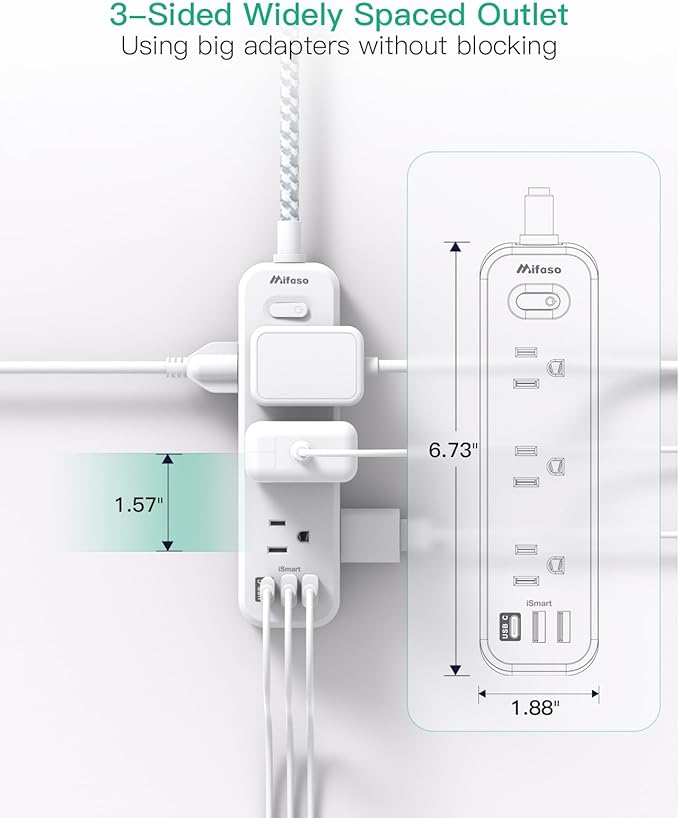 Mifaso Extension Cord, Surge Protector Power Strip, Long Extension Cord with 9 Outlets 3 USB Ports, Extension Cord with Multiple Outlets, USB Power Strip for Dorm Room Essentials, College(15FT, White)