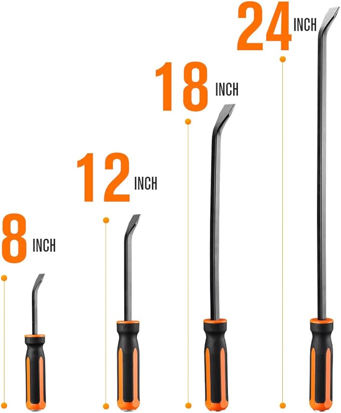 REXBETI Pry Bar Set, 8", 12", 18" and 24" Heavy Duty Pry Bar 4-Piece Mechanic Hand Tools, Thicker Strike Cap Handle, Black Orange