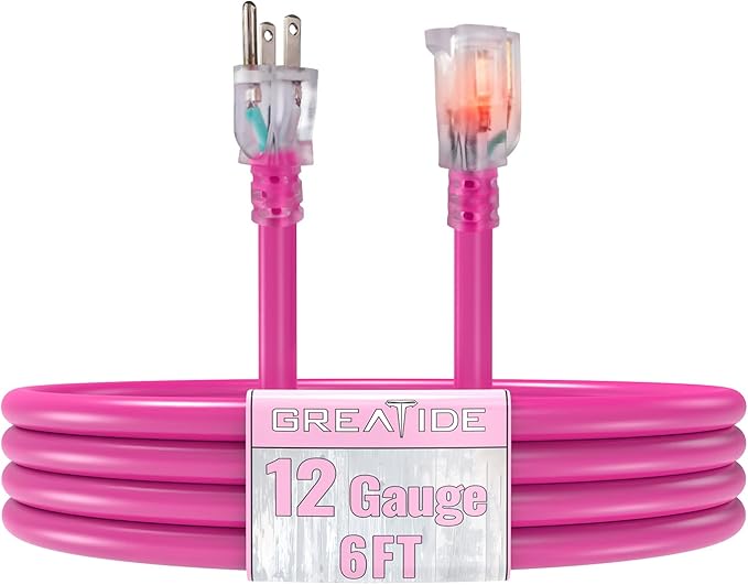 Outdoor Extension Cord with Lighted End, 12 Gauge Heavy Duty 6 FT, 3 Prong Grounded 15 Amp Extension Cord, 12/3 SJTW Waterproof Power Cord for Appliance, UL Listed, Pink