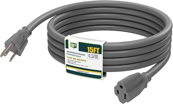 EP 15 Ft Outdoor Extension Cord - 16/3 SJTW Gray Electrical Cable with 3 Prong Grounded Plug