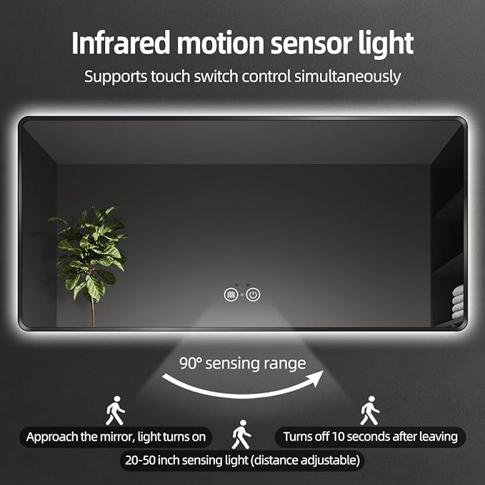 Black LED Mirror for Bathroom, 36"x72" Smart Bathroom Mirror with Lights, Motion Sensor, Anti-Fog, Stepless Dimmable & 3-Color, Backlit Wall Mirror, Rounded Corner, CRI≥93, UL-Listed