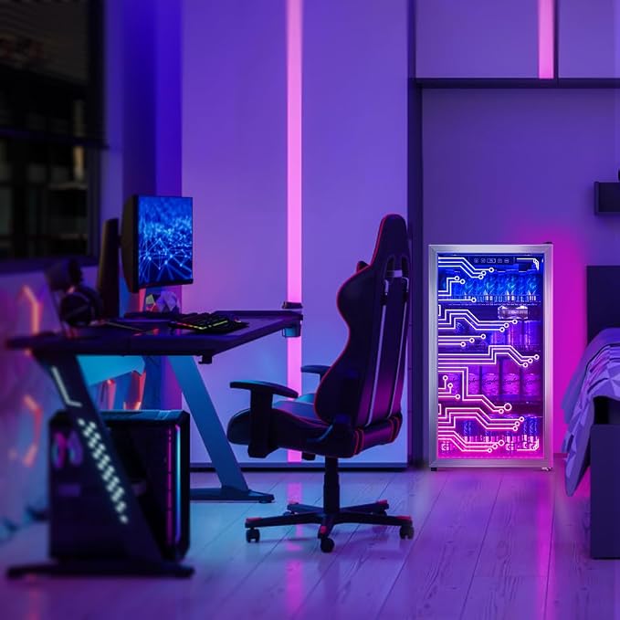 Cyberpunk Beverage Cooler, 130 Can Mini Fridge, LED Light Door, Gaming Room | Colorful LED Ambient Lighting, Freestanding for Bar & Party, Adjustable Shelves for Cans & Bottles