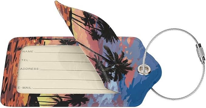 2Pcs Summer Palm Tree Luggage Tags, Beach Landscape Name ID Identifier Labels for Suitcase Baggage Travel Bag, Aesthetic Leather Bag Tags with Loop