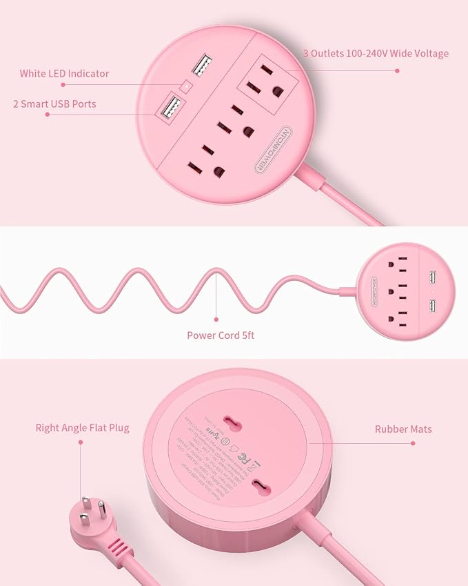 Pink Extension Cord 15ft, NTONPOWER Flat Plug Power Strip with Long Extension Cord, 3 Outlet 2 USB Desktop Charging Station Wall Mount for Home, Dorm Room, Office and Nightstand, ETL Listed
