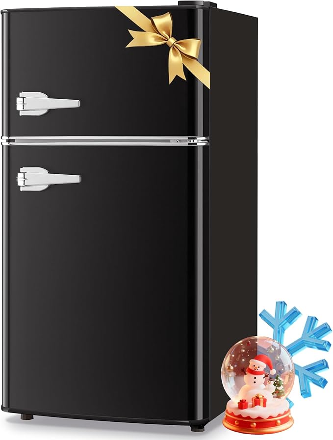 3.5 Cu.Ft Retro Mini Fridge with Handle Compact Refrigerator Black | Dual Door Refrigerator with Freezer 7 Gears Temperature Control Ideal for Bedroom Dorm Office