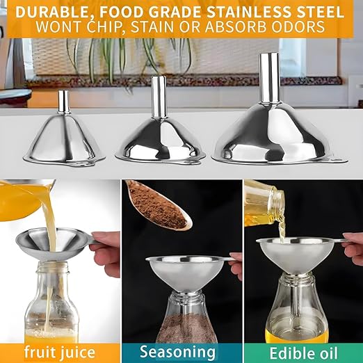 4 Pack Kitchen Funnels Set, Stainless Steel Wide Mouth Canning Funnel with Handles Fit for Wide and Regular Narrow Mouth Mason Jar n Flask Ease Transfer Liquid Serums, Jam, Oils, Spices, Powders