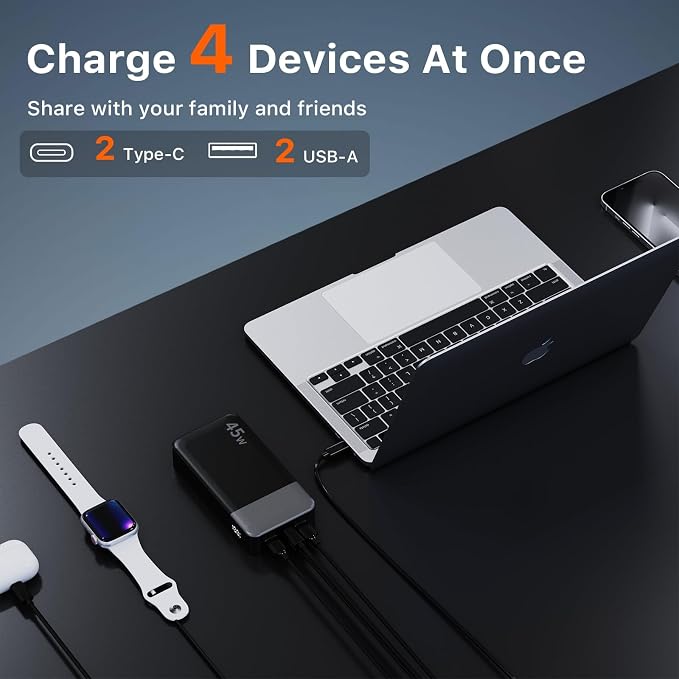JUOVI J2621 Power Bank Portable Charger 20000mAh 45W, PD3.0 QC 4.0 Fast Charging Battery Pack with LED Display,2 USB-C,2 USB-A for iPhone 15 16, MacBook