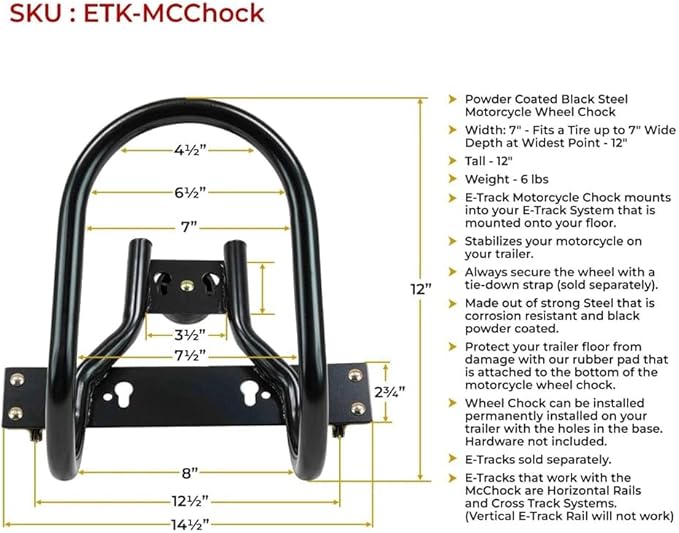 Mytee Products (4 Pack) 7" Motorcycle Wheel Chock Steel for E-Track/X-Track System - Black