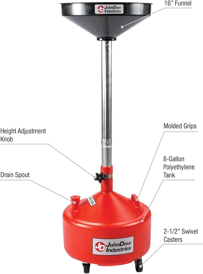 JohnDow Industries JDI-8DCP 8 Gallon Poly Portable Economy Oil Lift Drain, JDI-8DCP for Changing Oil, Adjustable Height 48 in. to 67 in, with Wheels for Easy maneuverability Around The Shop.