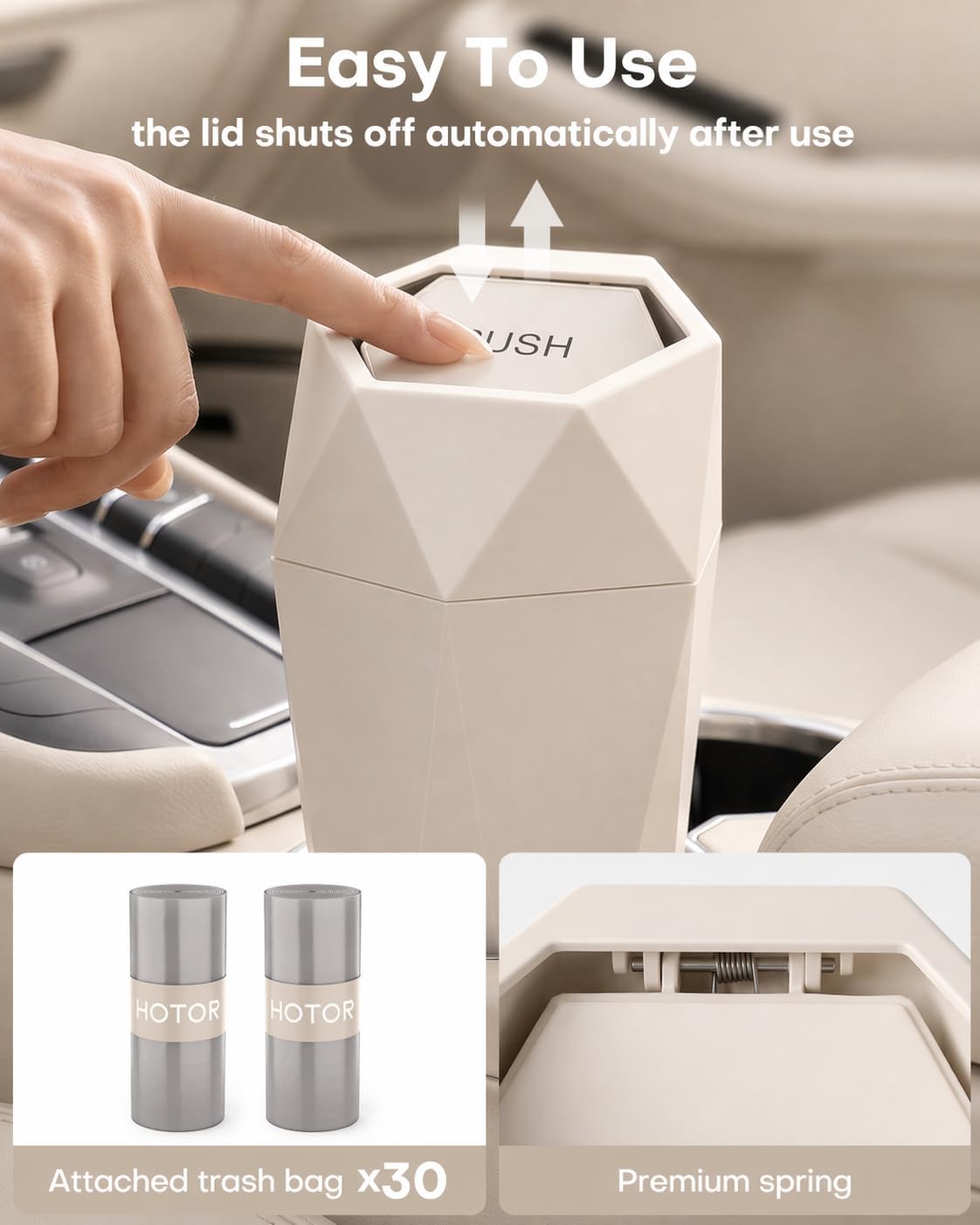 HOTOR Car Trash Can with Lid, Leakproof, Beige, 2 Pack