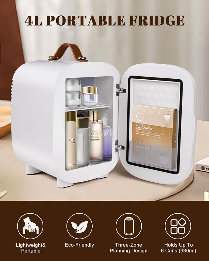 FANSEXPERT Mini Fridge for Bedroom, 4 Liter/6 Cans Skin Care Fridge Small Refrigerator, AC/DC Portable Mini Cooler & Warmer, Small Cosmetic Fridge for Camping, Dorm, Office, Car (White)