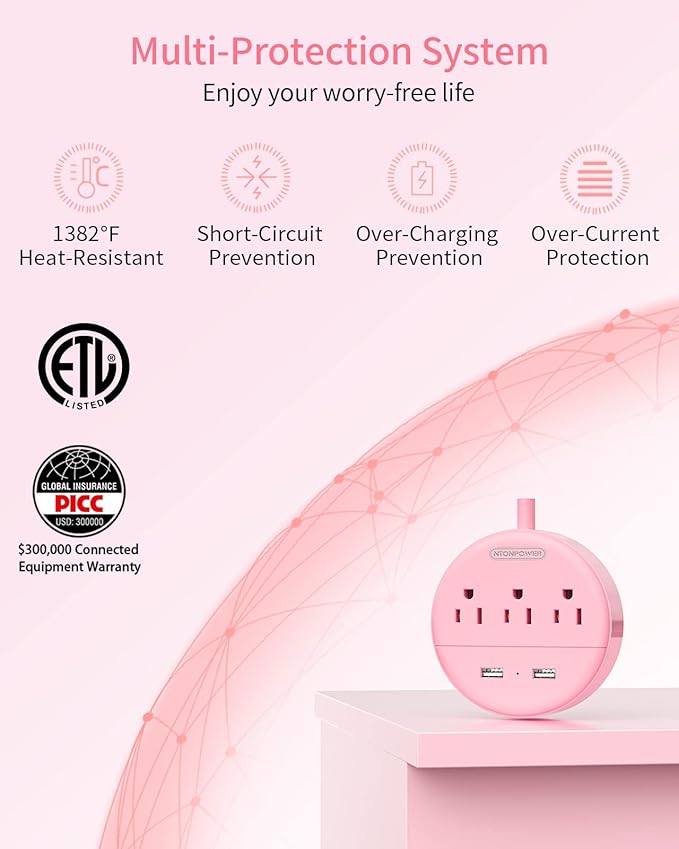 10 ft Long Extension Cord Power Strip with USB, NTONPOWER Pink Charging Station with 3 Outlet and 2 USB, Travel Power Strip Flat Plug, Wall Mount for Home Office Dorm Room and Cruise Ship, ETL Listed