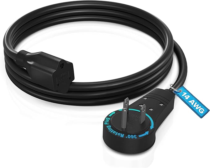 Maximm Extension Cord 4 Feet – 360° Rotating Flat Plug, 3-Prong Grounded Power Cable – UL Certified, 13A 125V, Heavy Duty 14AWG Wire – Ideal for Tight Spaces Behind Furniture – Black