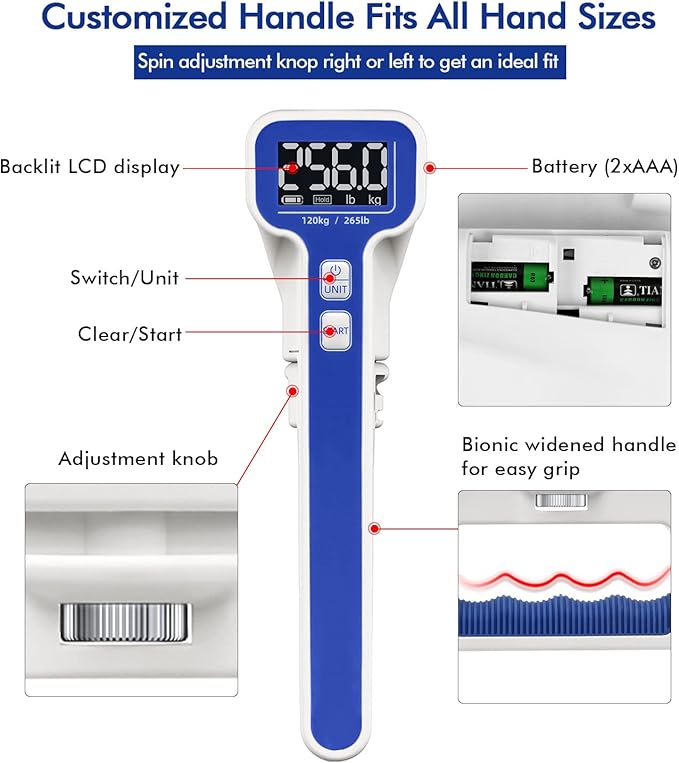 Grip Strength Tester 265lb/120kg, Digital Hand Dynamometer FDA Registered with Backlit LCD for Grip Strength Testing and Training