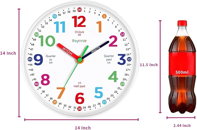 Roymnie14 Inch Wall Clock for Kids Learning to Tell Time Large Analog Silent