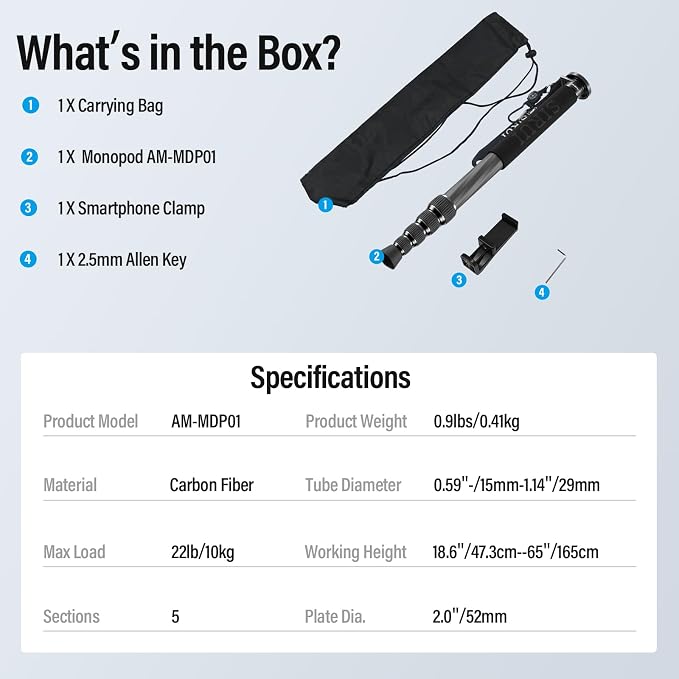 SIRUI Carbon Fiber Monopod for cameras, 6 Sections, Load up 15kg, included