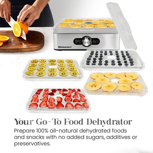 Elite Gourmet Food Dehydrator - Stainless Steel Trays with Adjustable Temperature Control | Perfect for Jerky, Herbs, Fruits, and Veggies