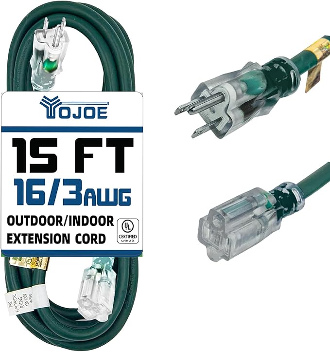 YOJOE Indoor Outdoor Extension Cord with Lighted End, 3 Prong 13A Weatherproof Power Cord, 16 Gauge Heavy Duty 15 ft Green Extension Cord for Garage, Garden and Home, 16/3 SJTW UL Listed