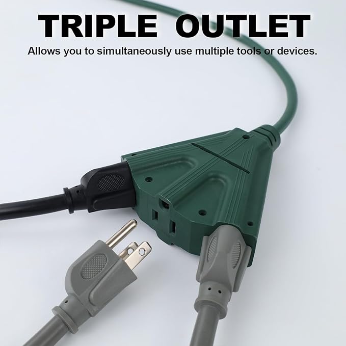 EP 10 Ft Outdoor Extension Cord with 3 Electrical Power Outlets - 16/3 SJTW Green Cable with 3 Prong Grounded Plug for Safety Great for Christmas Lights, Garden and Major Appliances