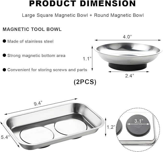 2 PCS Large Magnetic Tray Holders, 5.4"×9.4" Stainless Steel Square & 4" Round Magnetic Parts Tray Set, Heavy Duty Thickened Tray Bowl for Screws Bolts Nuts Metal Parts, Car Accessories